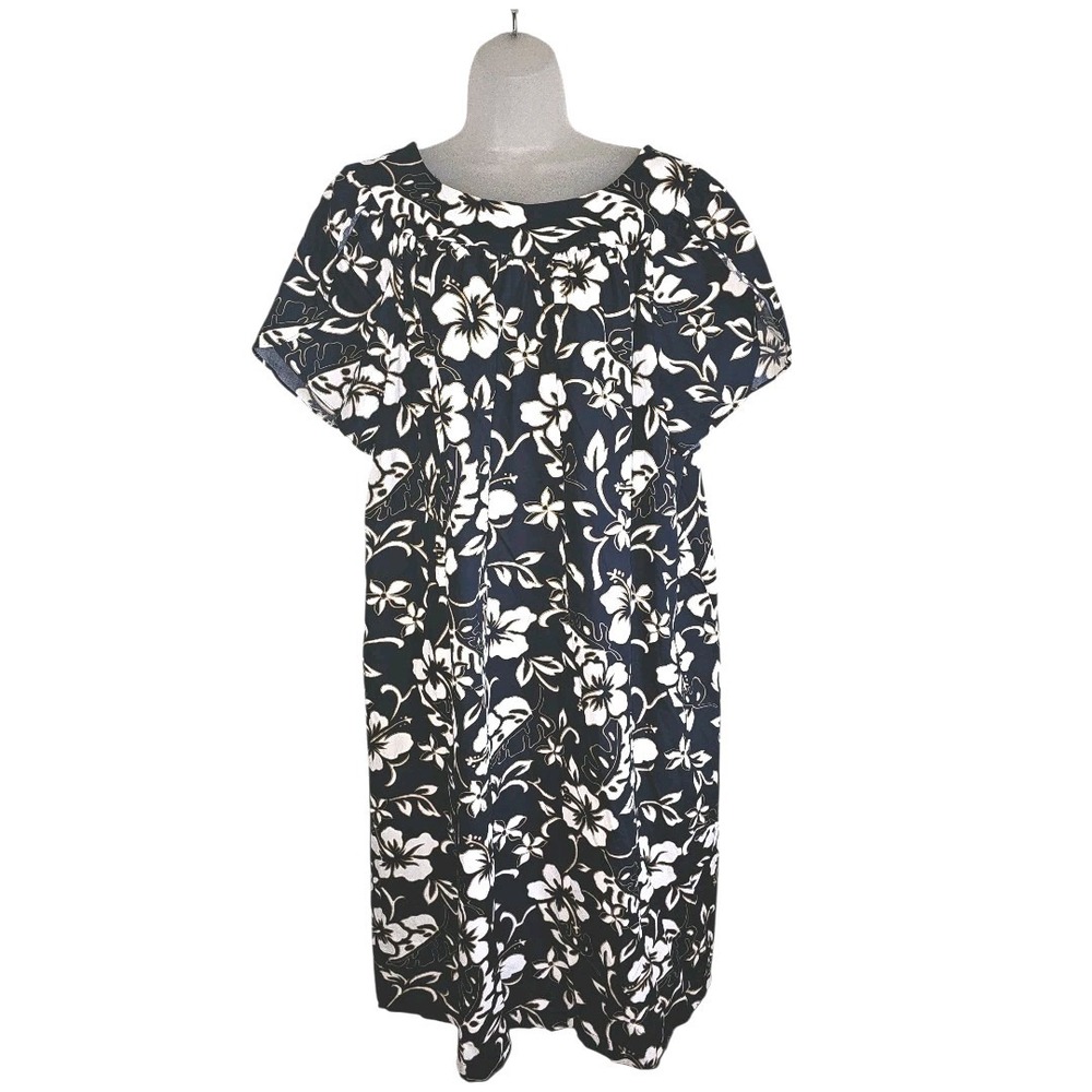 Hilo Hattie Blue Hibiscus Hawaiian‎ Patio Dress Muu Muu Housecoat Size 2XL EUC